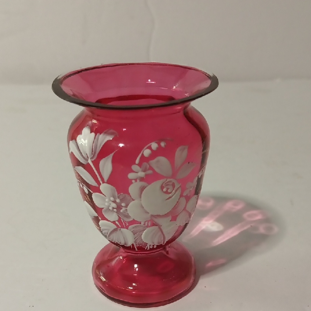 Vintage Bohemian Chezoslovkia Mini Hand Painted Cranberry Vase - Picture 1 of 5